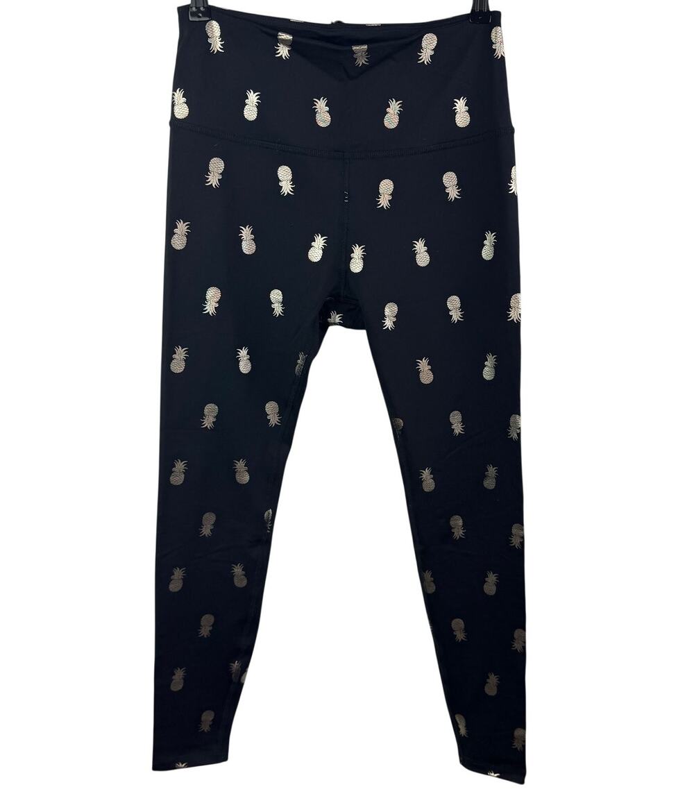 Beyond Yoga USA Black Silver Foil Workout Leggings Pineapple Pull-On Sz Large L